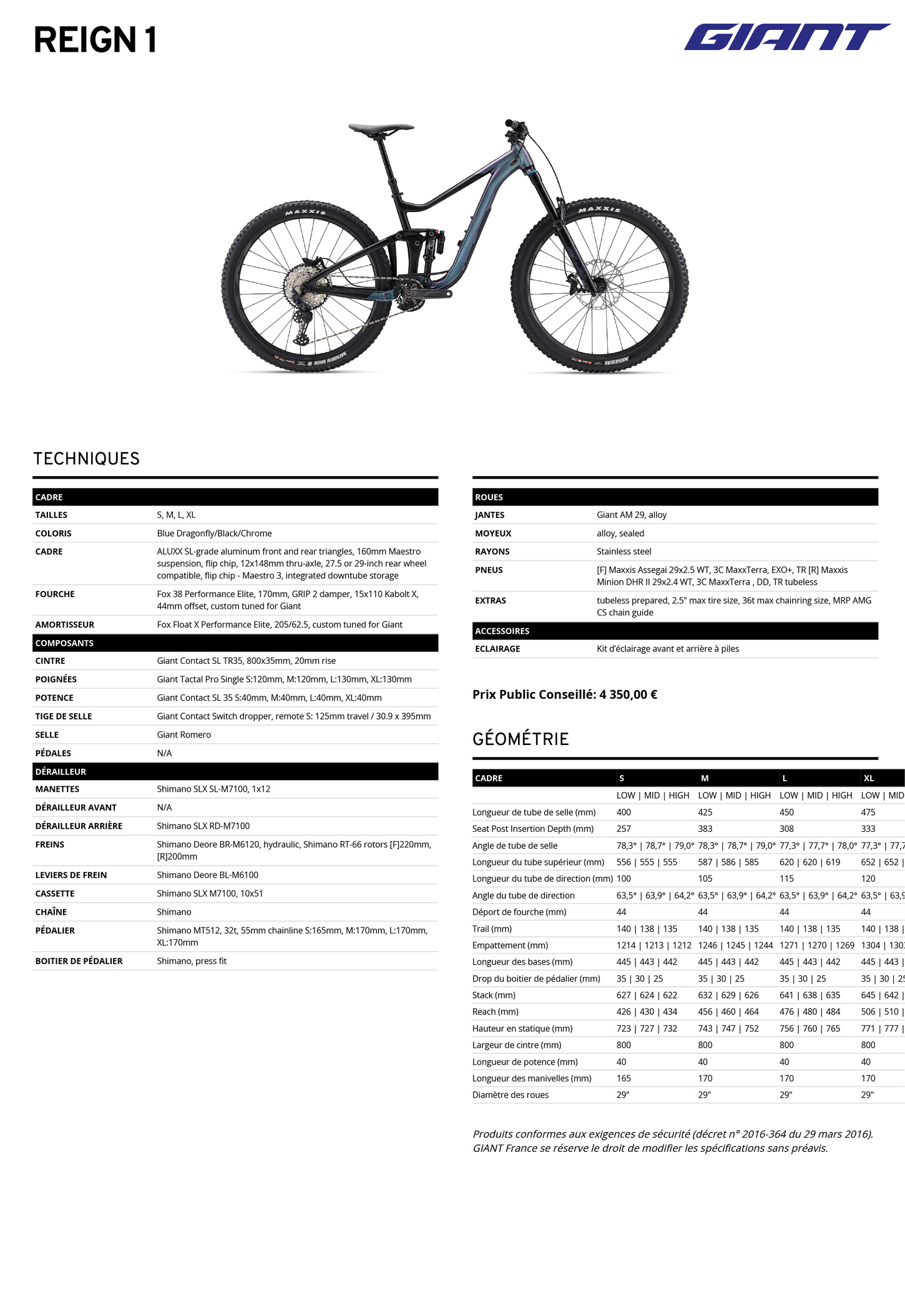 Fiche technique du velo Reign 1 année 2024